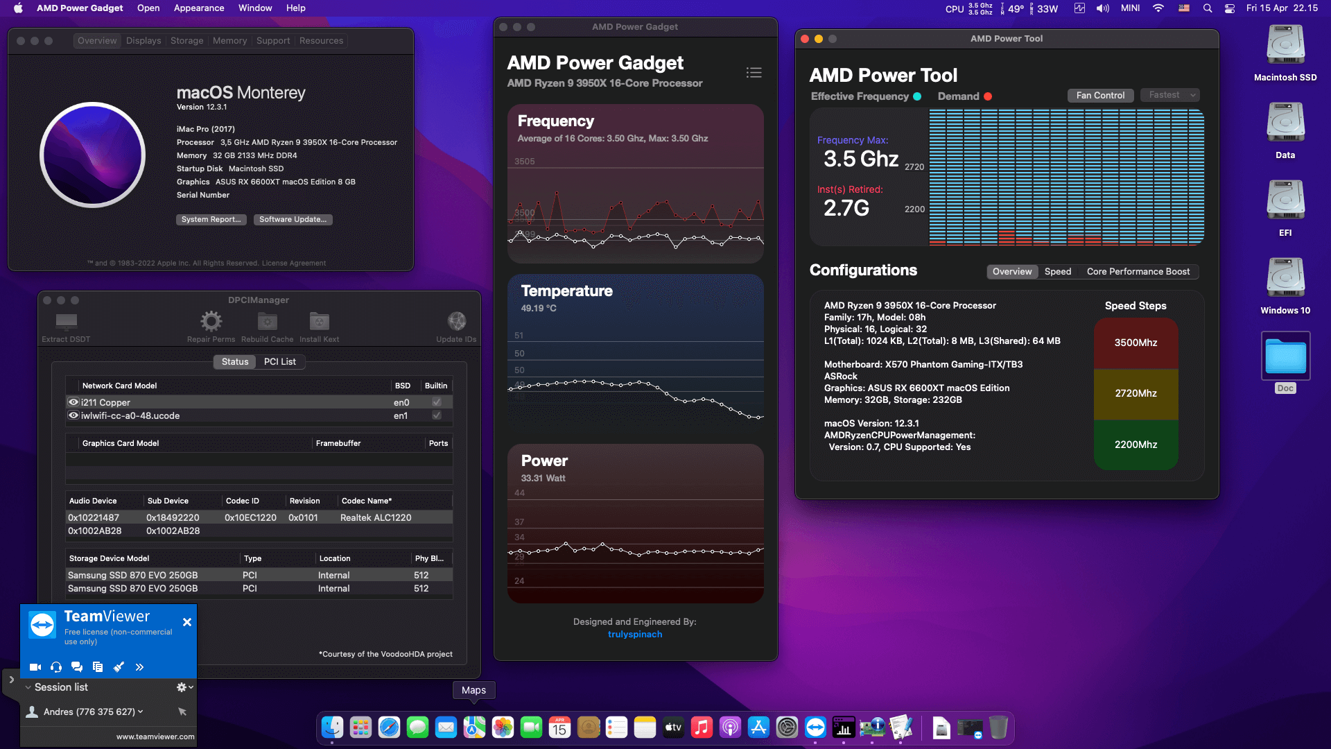 Success Hackintosh macOS Monterey 12.3.1 Build 21E258 in Asrock X570 Phantom Gaming ITX/TB3 + AMD Ryzen 9 3950X + Asus RX 6600 XT